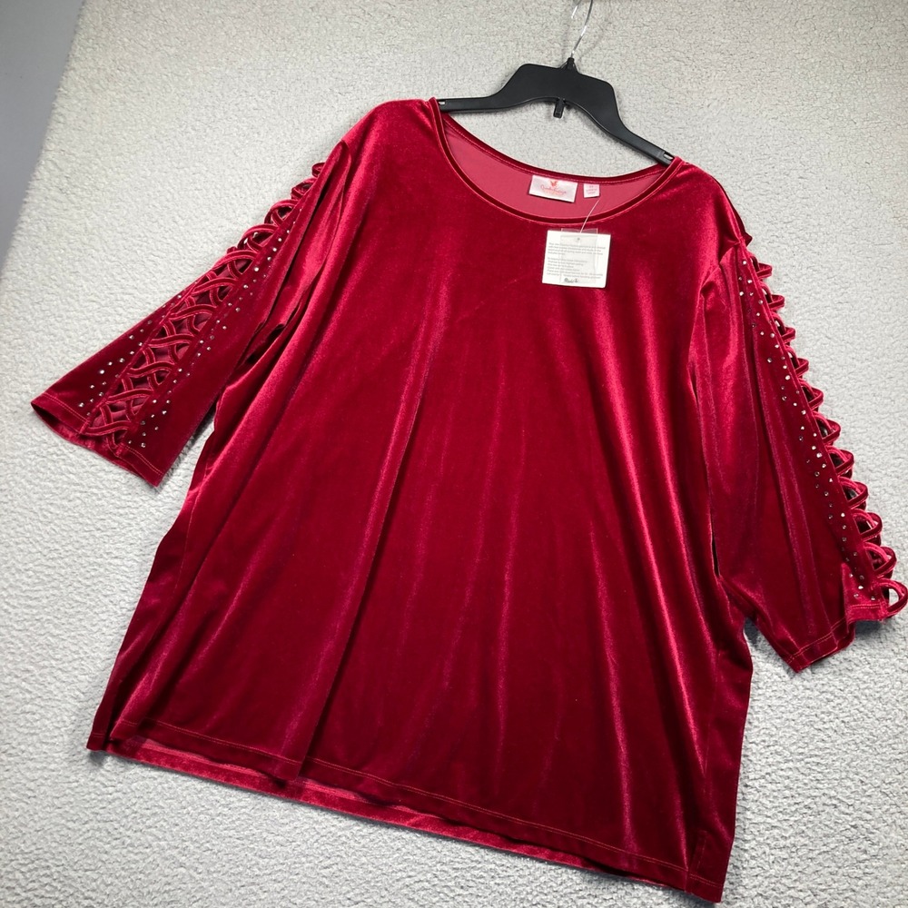 Quacker Factory Blouse Womens 3X NEW Red Velvet Rhinestone Lattice Sleeve Top
